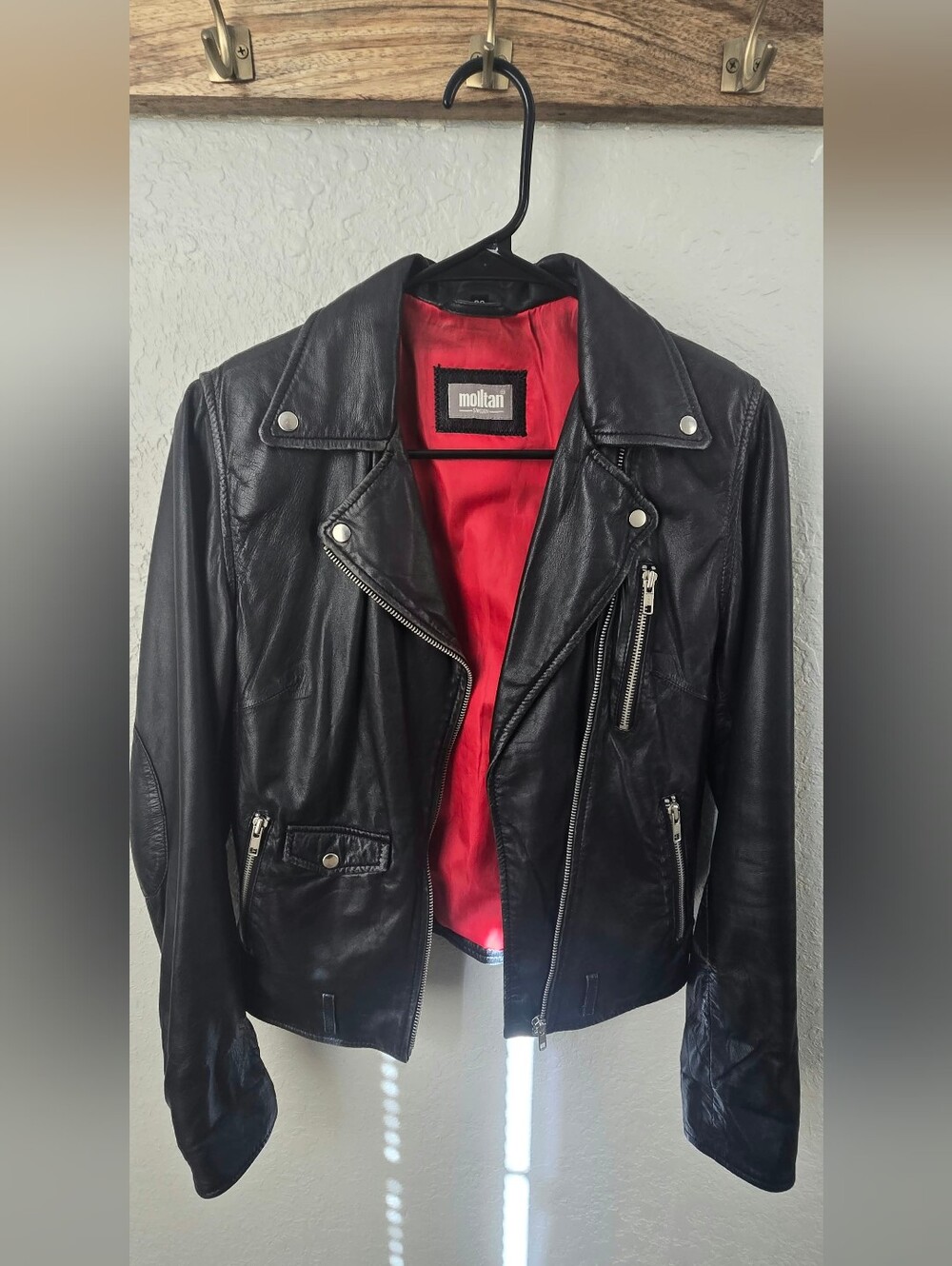 Molltan Women's Black Leather Moto Jacket with Red Lining